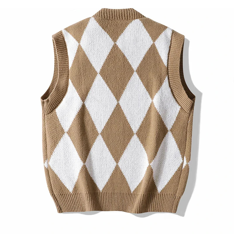 Men Plaid Sweater Vest | Sleeveless V-Neck Button Cardigan | Office Knitted Vest