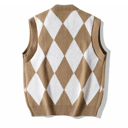 Men Plaid Sweater Vest | Sleeveless V-Neck Button Cardigan | Office Knitted Vest