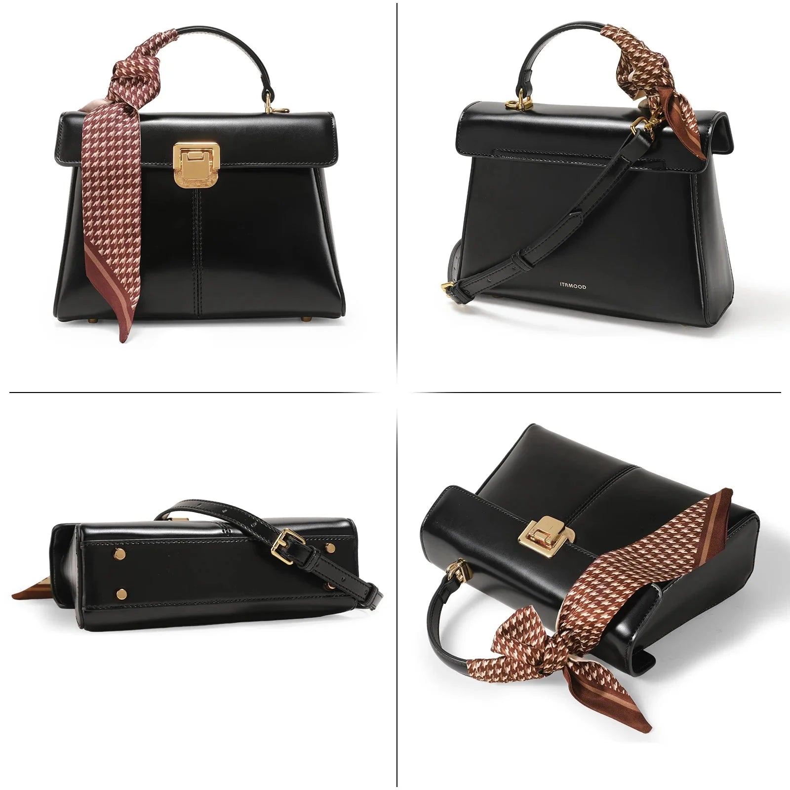Women Leather Handbag | Crossbody Bag With Scarf Decor