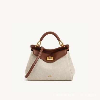 Women Leather Pillow Bag | Lock Clasp Handbag | Small Handbag | Shoulder Bag | Crossbody Bag Canvas Brown