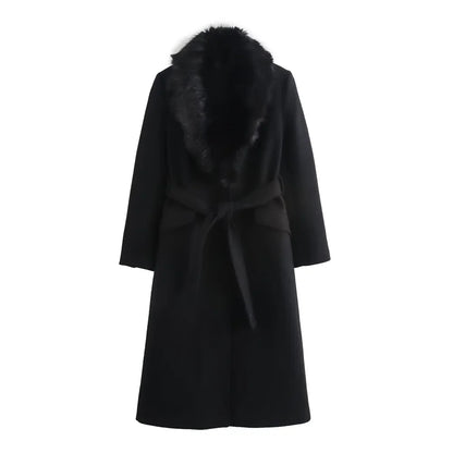 Women Belted Warm Fur Collar Coat | Flip Collar | Winter | Long Coat black