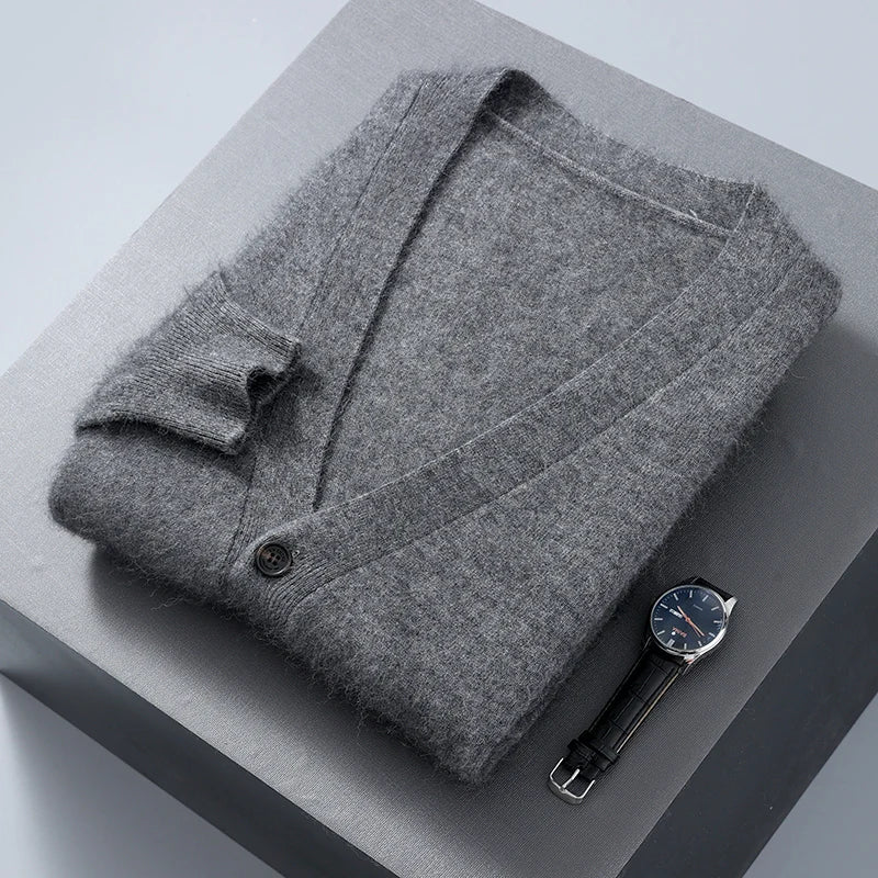 Men Mink Cashmere Warm Cardigan | Casual Loose V-Neck Knit Coat Dark Grey