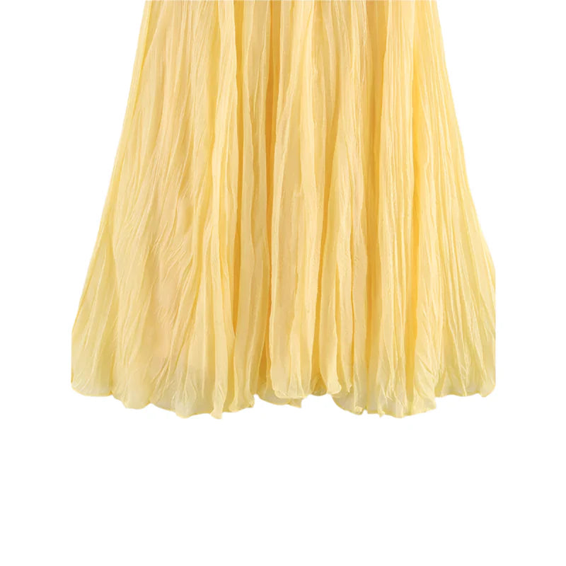 Women Crinkle A Line Midi Butter Yellow Skirt | Holiday | Summer Skirt | Elastic Waist