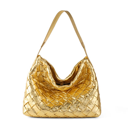 Women Woven Tote Bag | Textured Pleated Soft Leather Bag Golden