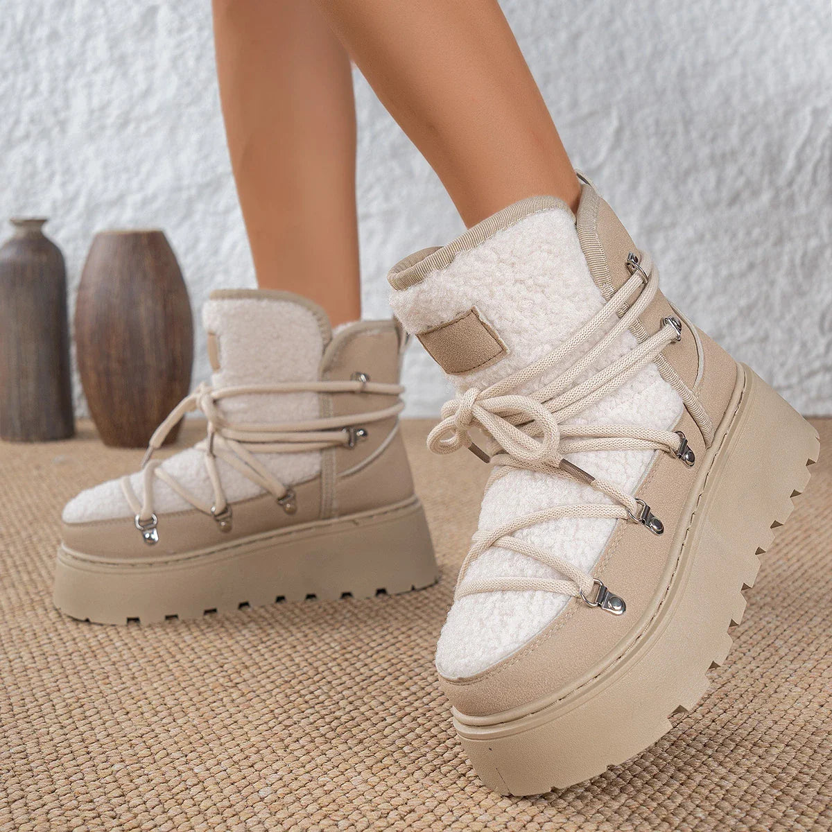 Women Winter Thick-Soled Cross-Tie Snow Boots | Mid-Length Warm Boots Beige