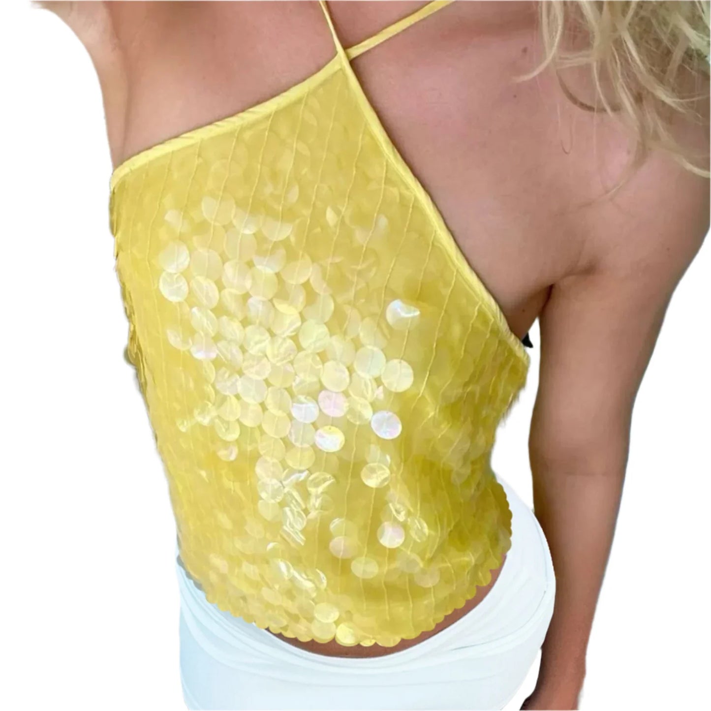 Women Sequin Halter Top | Tank Top | Glitter Tie-Up Vest | Backless Cami Top | Party Yellow