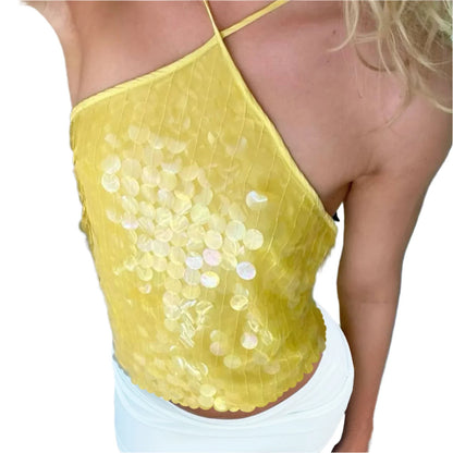 Women Sequin Halter Top | Tank Top | Glitter Tie-Up Vest | Backless Cami Top | Party Yellow
