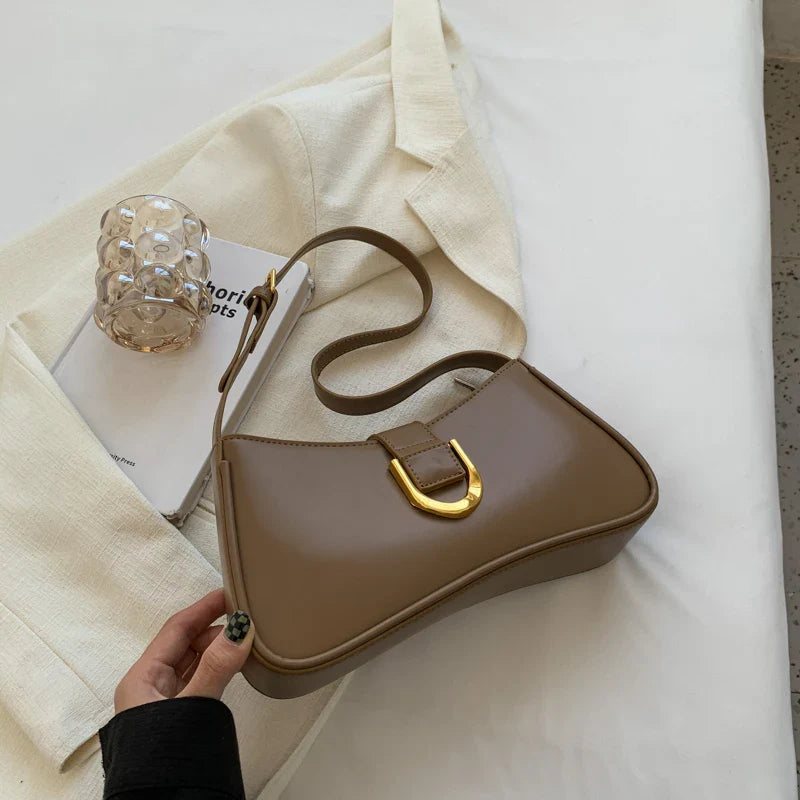 Women Leather Saddle Buckle Shoulder Bag Khaki