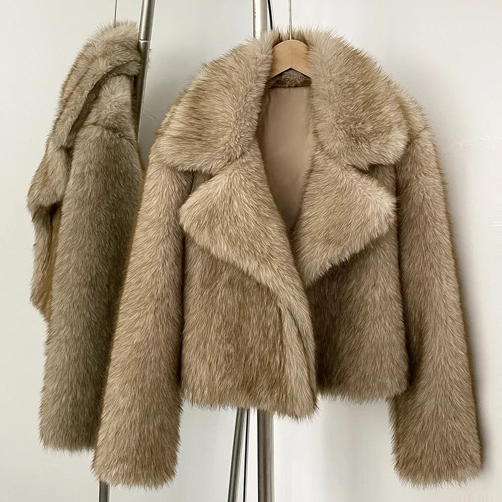 Women Short Fur Jacket | Vintage | Turn-Down Collar Coat | Long Sleeve Fur Coat | Winter | Streetwear Sand Dusky