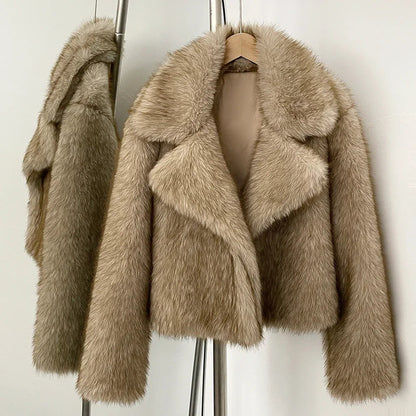 Women Short Fur Jacket | Vintage | Turn-Down Collar Coat | Long Sleeve Fur Coat | Winter | Streetwear Sand Dusky