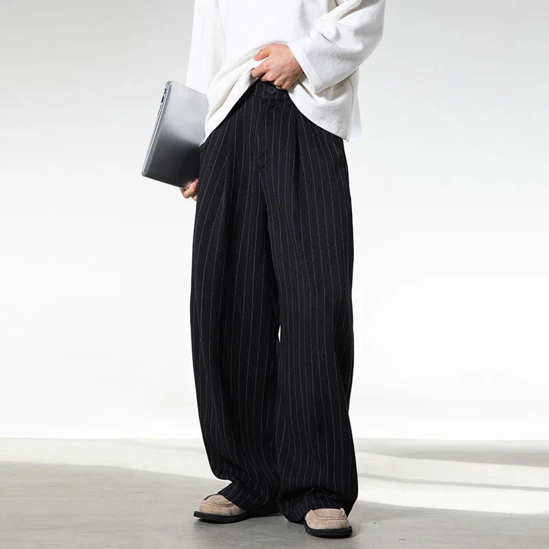 Men Classic Striped Pleated Wide Leg Trousers | Baggy | Straight | Dress Pants | Business