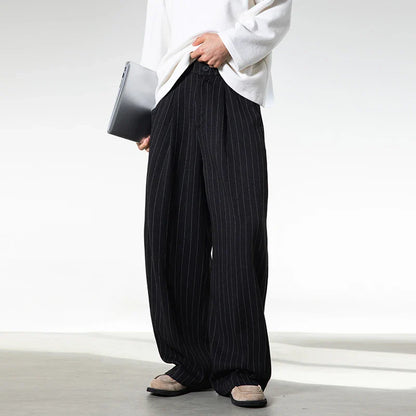 Men Classic Striped Pleated Wide Leg Trousers | Baggy | Straight | Dress Pants | Business