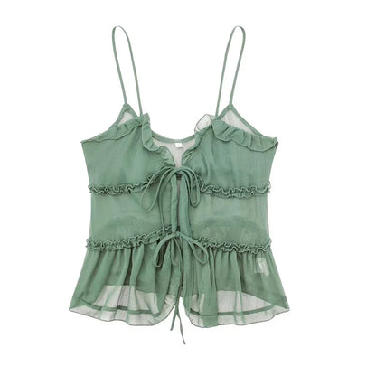 Women Ruffled Front Tank Top | Semi-Sheer Backless Thin Straps Camisole Top Green