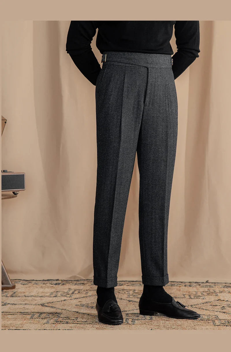 Men Vintage Wool Herringbone Pattern Pants | Casual | British | Warm | High Waist | Straight Pants