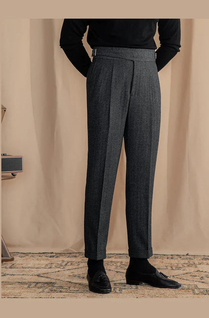 Men Vintage Wool Herringbone Pattern Pants | Casual | British | Warm | High Waist | Straight Pants
