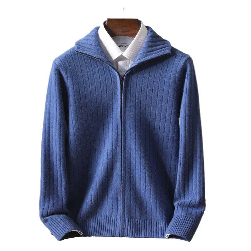 Men Merino Wool Stand-Up Collar Cardigan | Business Casual | Warm Zipper Jacket Blue