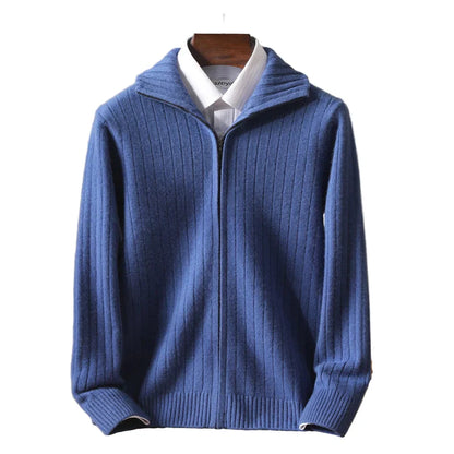 Men Merino Wool Stand-Up Collar Cardigan | Business Casual | Warm Zipper Jacket Blue