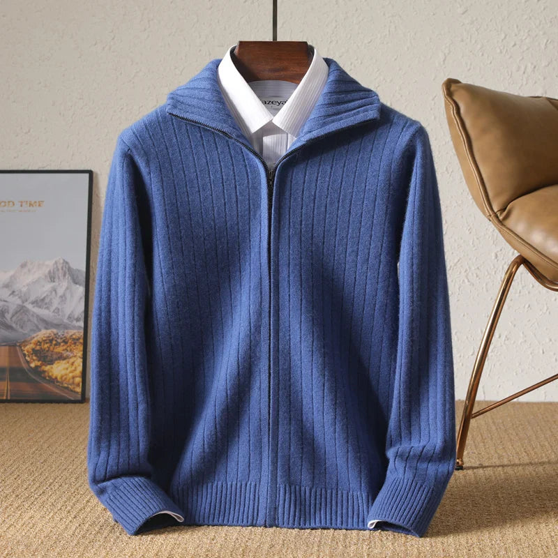 Men Merino Wool Stand-Up Collar Cardigan | Business Casual | Warm Zipper Jacket