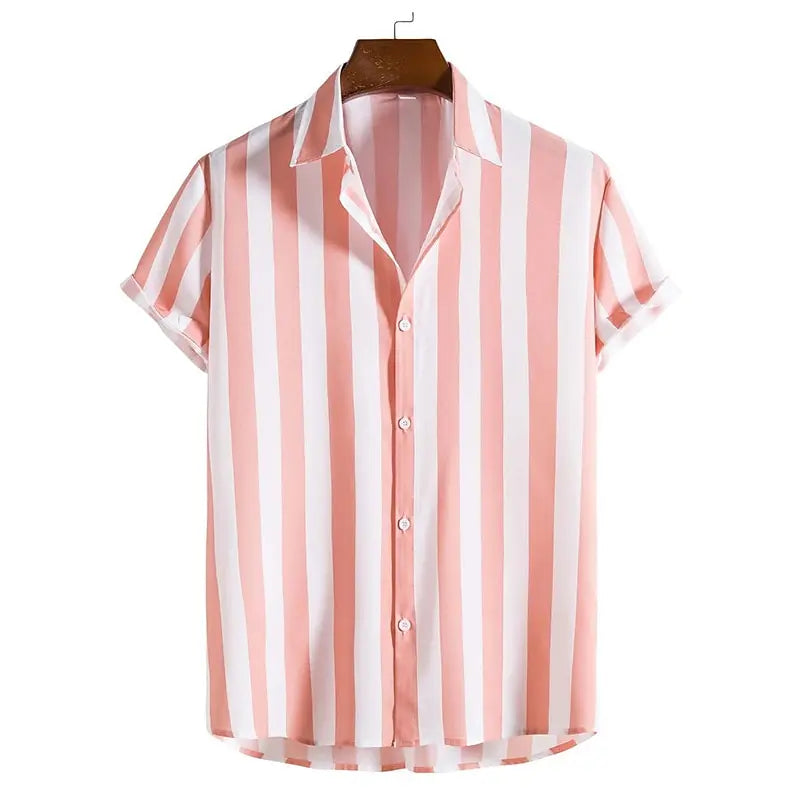 Men Striped Short-Sleeved Button Down Shirt | Casual Loose Lapel Top Pink