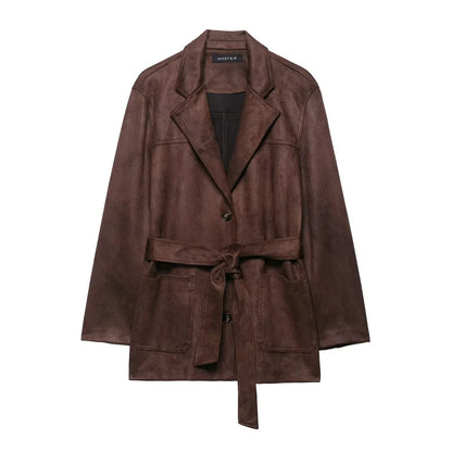 Women Brown Jacket | Long Sleeve | Suede | Belt Jacket Chocolate Brown