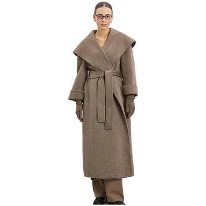 Women Shawl Collar Woolen Coat With Belt | Loose Long Sleeve | Overcoat | Winter Coat