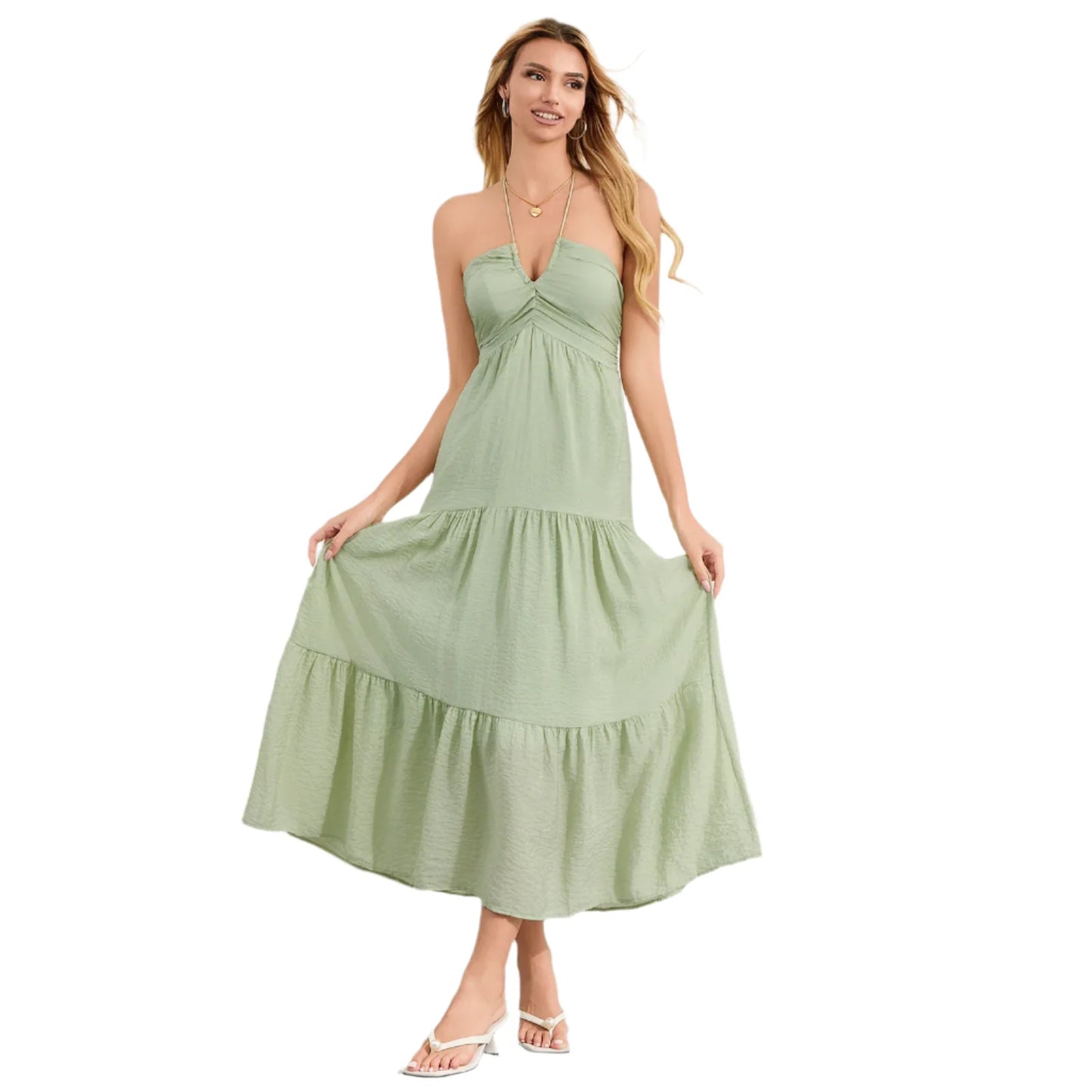 Women Bohemian Summer Tie-Up Halter Dress | Beach Flowy Dress | Sleeveless Backless Ruffled A-line Long Dress