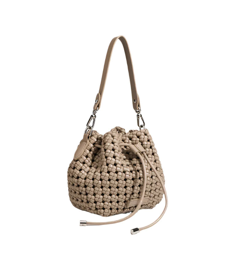 Women Leather Hollow Cut Woven Crossbody Bag Apricot