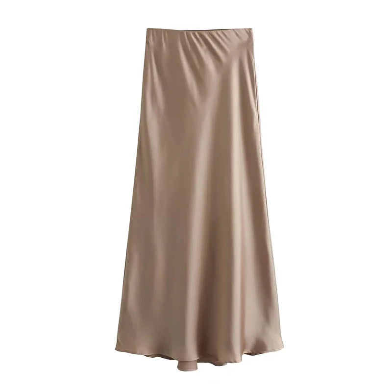 Women Long High Waist Satin Skirt | Office Midi Skirt Khaki