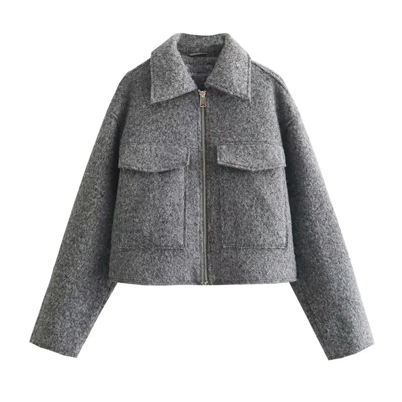 Women Cropped Tweed Coat | Short Wool Blend Jacket Gray
