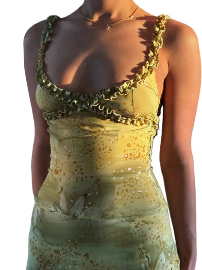 Women Ruffle Floral Set | Y2K | Camisole Top | Tiered Skirt | Vacation | See Through