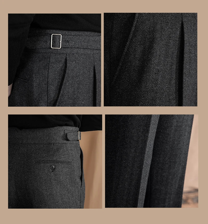 Men Vintage Wool Herringbone Pattern Pants | Casual | British | Warm | High Waist | Straight Pants