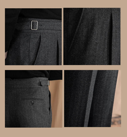 Men Vintage Wool Herringbone Pattern Pants | Casual | British | Warm | High Waist | Straight Pants