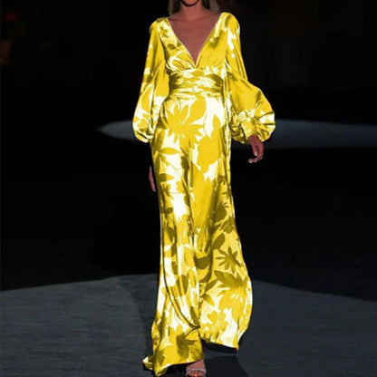 Seste | Women's Floral Satin Maxi Dress V-Neck Puff Sleeve Formal