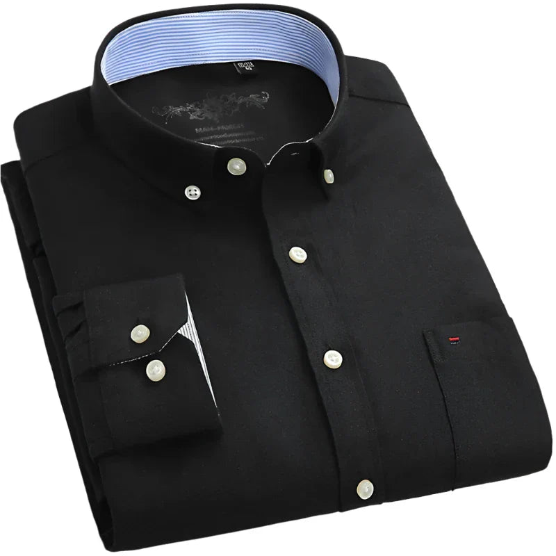 Plain Oxford Long-Sleeve Shirt Men | Office Shirt | Slim Fit Single Pocket Shirt Black