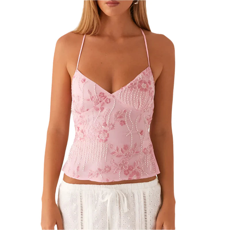 Women Sequin Halter Crop Top | Pearl Embellished Cami Top | Summer Glitter Rhinestone Camisole Tank Top light pink