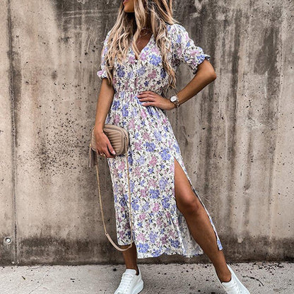Poppy | Women's Floral Midi Dress V-Neck Smocked Waist Side Split