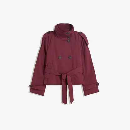 Women Belted Cropped Trench Coat | Autumn | Casual Stand Collar Coat wine red