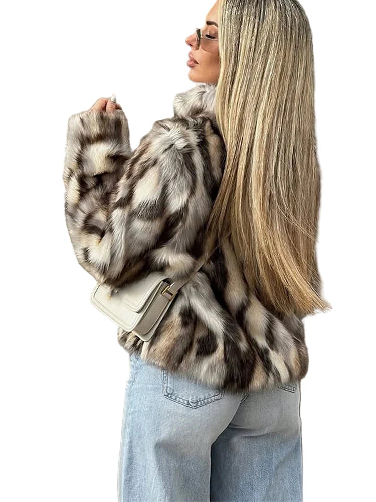 Women Vintage Loose Fur Coat | Stand Collar | Long Sleeve | Winter Furry Warm Coat