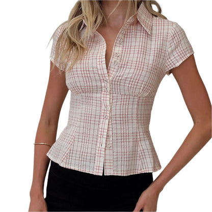 Women Short Sleeve Plaid Button Down Shirt | Button Down Blouse | Fitted Top Pink