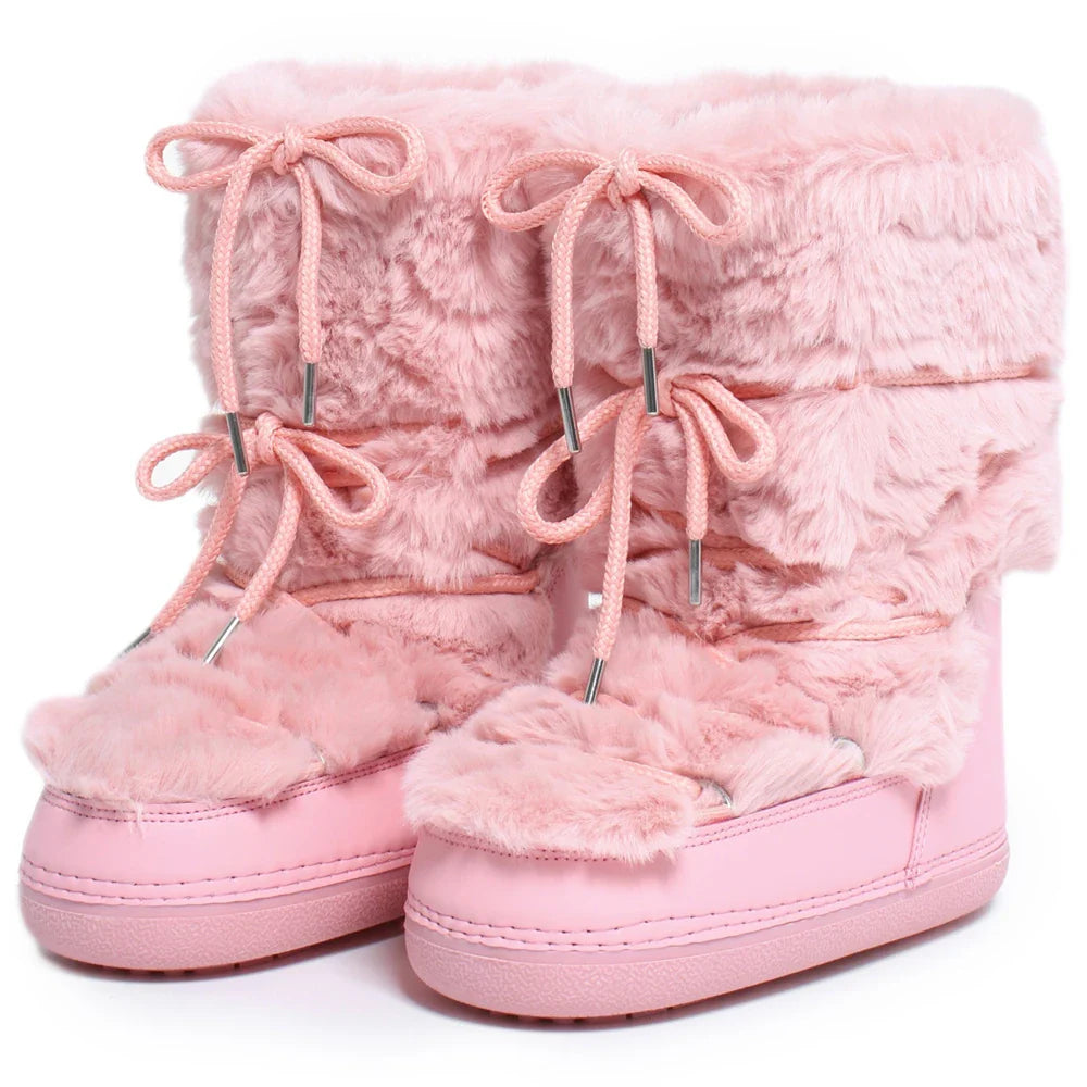 Women Warm Long Fur Snow Boots | Ski Boots | Winter Boots | Mid-calf Boots pink
