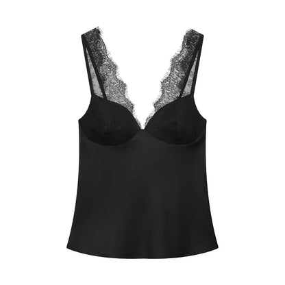 Women Satin Lace Top | Lace Corset Top | Black Backless Top | Camisole | Sleeveless Top | Party black