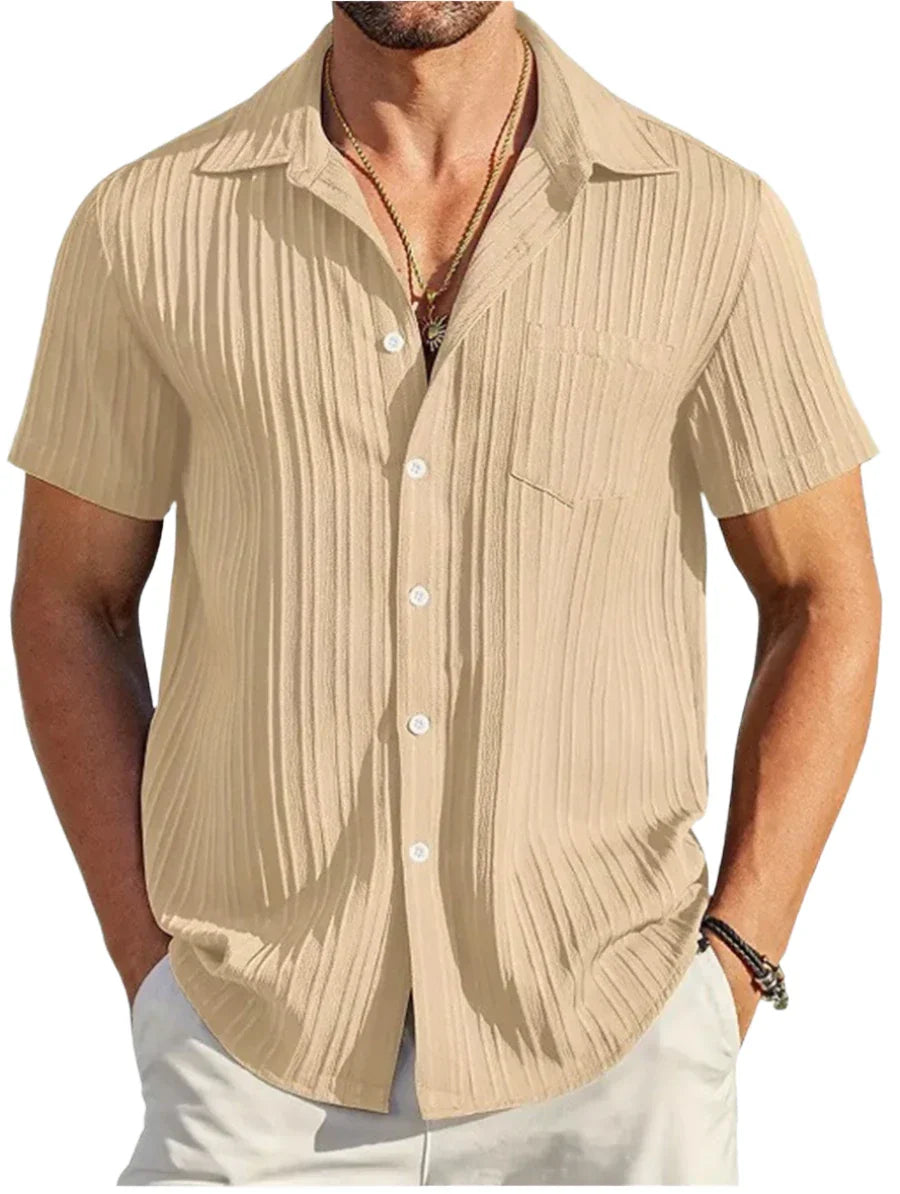 Men Short-Sleeved Cotton Summer Shirt | Casual Beach Button Down Shirt | Solid Color khaki