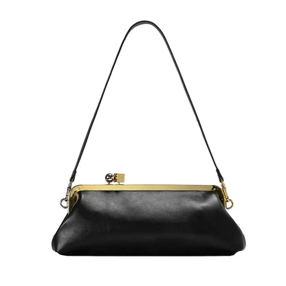 Women Leather Kiss Lock Bag | Long Clutch Bag | Luxury Shoulder Bag | Elegant Party Purse | Underarm Bag Black