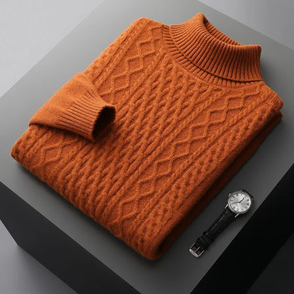 Men Merino Wool High-Necked Pullover | Warm Turtleneck Sweater caramel