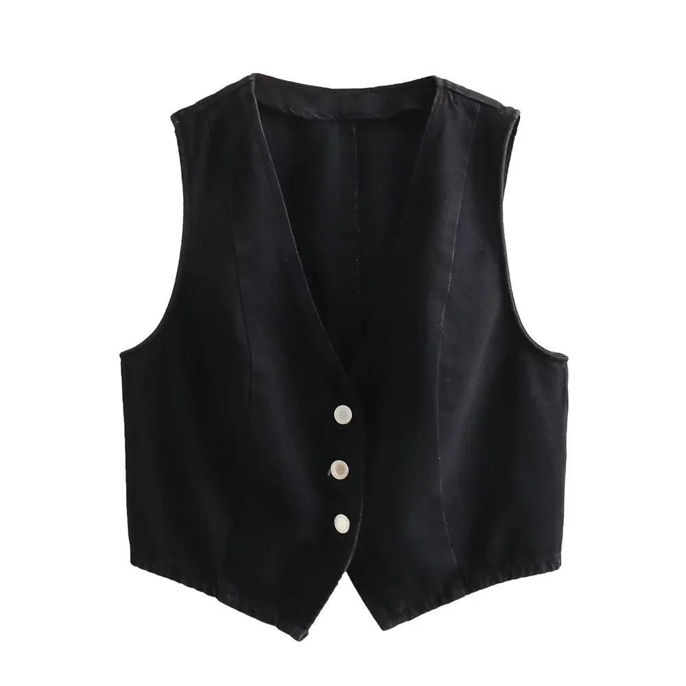Women Denim V-Neck Vest | Denim Long Skirt | Denim Skirt and Vest Set Black Top
