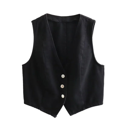 Women Denim V-Neck Vest | Denim Long Skirt | Denim Skirt and Vest Set Black Top