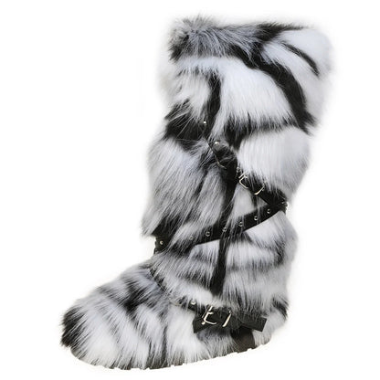 Women Winter Boots | Faux Fur Snow Boots | Warm Long Boots | Plush Over Knee | High Boots | Y2K | Furry Shoes Black & White