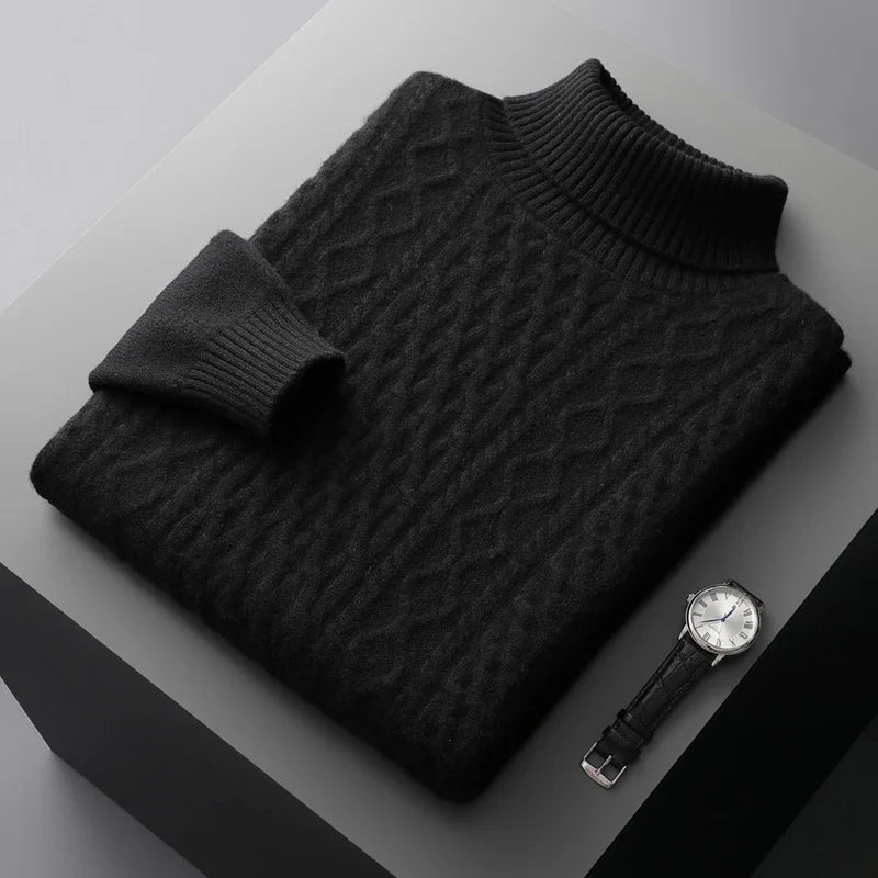 Men Merino Wool High-Necked Pullover | Warm Turtleneck Sweater black