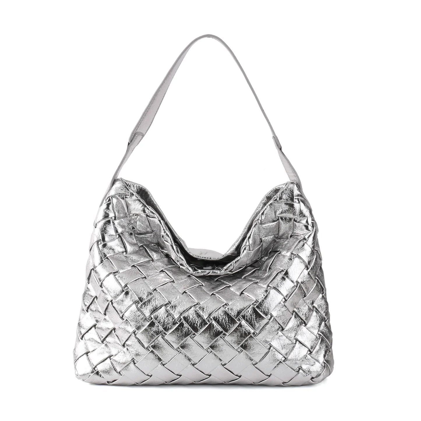 Women Woven Tote Bag | Textured Pleated Soft Leather Bag Silver