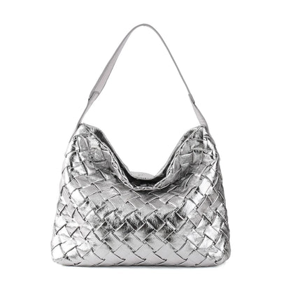 Women Woven Tote Bag | Textured Pleated Soft Leather Bag Silver